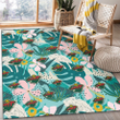 MIN Wild Pastel Hibiscus Palm Leaf Tiny Dot Green Background Printed Area Rug