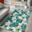 MIN Wild Pastel Hibiscus Palm Leaf Tiny Dot Green Background Printed Area Rug
