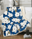UTA White Big Hibiscus Blue Background 3D Fleece Sherpa Blanket