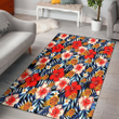 PHX Coral Red Hibiscus Blue Palm Leaf Black Background Printed Area Rug