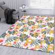 PIT White Hibiscus Green Leaf White Background Printed Area Rug