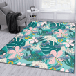 LAD Pastel Hibiscus Palm Leaf Tiny Dot Green Background Printed Area Rug
