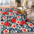 GB Coral Red Hibiscus Blue Palm Leaf Black Background Printed Area Rug