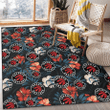 TOR Red And White Hibiscus Dark Leaf Black Background Printed Area Rug