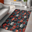 TOR Red And White Hibiscus Dark Leaf Black Background Printed Area Rug