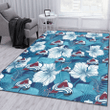 COL White Hibiscus Turquoise Banana Leaf Navy Background Printed Area Rug