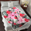 BOS Light Pink Hibiscus Pale Green Leaf Black Background 3D Fleece Sherpa Blanket