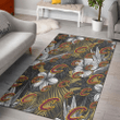 CLE Gray Sketch Hibiscus Yellow Palm Leaf Black Background Printed Area Rug