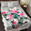 SJS Coral Pink Hibiscus Green Leaf Beige Background 3D Fleece Sherpa Blanket