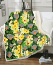 New York Knicks Yellow Hibiscus Tropical Green Leaf Black Background 3D Fleece Sherpa Blanket