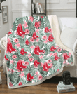 BOS Pink Hibiscus Porcelain Flower Tropical Leaf White Background 3D Fleece Sherpa Blanket