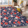 CBJ Red Pink White Hibiscus Black Background Printed Area Rug