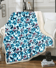 COL Blue Line White Hibiscus Black Background 3D Fleece Sherpa Blanket