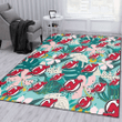 NJD Pastel Hibiscus Palm Leaf Tiny Dot Green Background Printed Area Rug