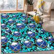 BUF Blue Hibiscus Blue Coconut Tree Black Background Printed Area Rug