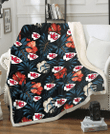 KC Red And White Hibiscus Dark Leaf Black Background 3D Fleece Sherpa Blanket