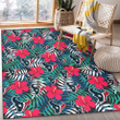 HST Red Hibiscus Green Blue White Leaf Black Background Printed Area Rug