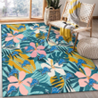 DET Pastel Color Hibiscus Tropical Leaves Light Green Background Printed Area Rug