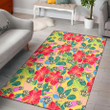 NSH Red Hibiscus Green Blue Leaf Yellow Background Printed Area Rug