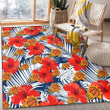 PHX White Tropical Leaf Red Hibiscus Navy Background Printed Area Rug