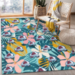 COL Pastel Color Hibiscus Tropical Leaves Light Green Background Printed Area Rug