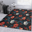 ARZ Red And White Hibiscus Dark Leaf Black Background Printed Area Rug