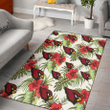 ARZ Red Hibiscus Green Tropical Leaf Cream Background Printed Area Rug