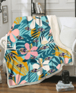 BAL Pastel Color Hibiscus Tropical Leaves Light Green Background 3D Fleece Sherpa Blanket