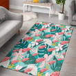 DET Pastel Hibiscus Palm Leaf Tiny Dot Green Background Printed Area Rug