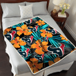HST Orange Hibiscus Blue Gray Leaf Black Background 3D Fleece Sherpa Blanket