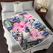 CHA Light Pink Hibiscus Pale Green Leaf Black Background 3D Fleece Sherpa Blanket