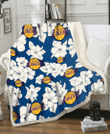 LAL White Big Hibiscus Blue Background 3D Fleece Sherpa Blanket