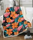 DET Orange Hibiscus Blue Gray Leaf Black Background 3D Fleece Sherpa Blanket