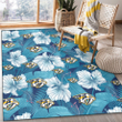 NSH White Hibiscus Turquoise Banana Leaf Navy Background Printed Area Rug