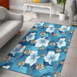 NSH White Hibiscus Turquoise Banana Leaf Navy Background Printed Area Rug
