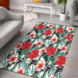 ATL Red Coral Hibiscus White Porcelain Flower Banana Leaf Printed Area Rug