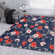 DET Red Pink White Hibiscus Black Background Printed Area Rug
