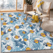 LAL Hibiscus Balm Leaves Blue And White Background Printed Area Rug