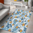 LAL Hibiscus Balm Leaves Blue And White Background Printed Area Rug