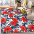 SAS White Tropical Leaf Red Hibiscus Navy Background Printed Area Rug