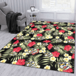 NSH Red Hibiscus Yellow Porcelain Flower Black Background Printed Area Rug