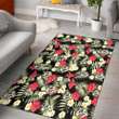NSH Red Hibiscus Yellow Porcelain Flower Black Background Printed Area Rug