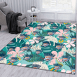 OKC Pastel Hibiscus Palm Leaf Tiny Dot Green Background Printed Area Rug