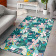 OKC Pastel Hibiscus Palm Leaf Tiny Dot Green Background Printed Area Rug