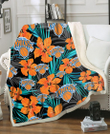 New York Knicks Orange Hibiscus Blue Gray Leaf Black Background 3D Fleece Sherpa Blanket