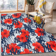NYY White Tropical Leaf Red Hibiscus Navy Background Printed Area Rug