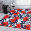 NYY White Tropical Leaf Red Hibiscus Navy Background Printed Area Rug