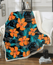 CAR Orange Hibiscus Blue Gray Leaf Black Background 3D Fleece Sherpa Blanket