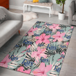 TB Rays Light Pink Hibiscus Pale Green Leaf Black Background Printed Area Rug