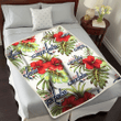 WSH Red Hibiscus Green Tropical Leaf Cream Background 3D Fleece Sherpa Blanket